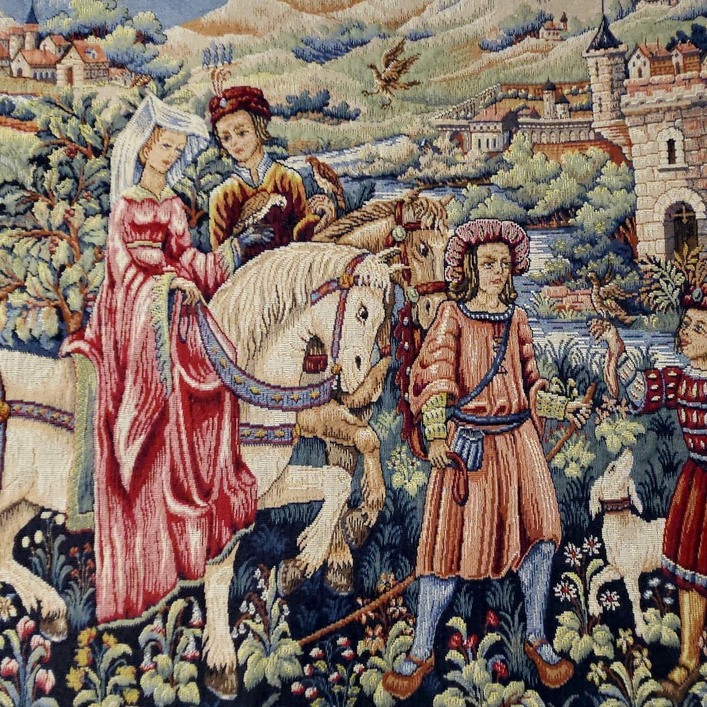 Vintage French Tapestry Victorian  French Love Scene Point D' Halluin 4.8 X 3ft - Picture 2 of 8